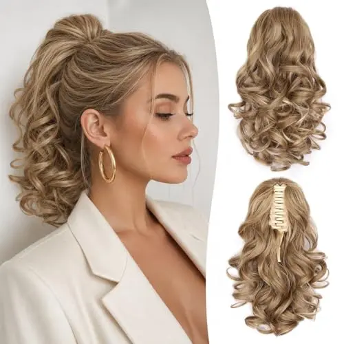 ZQIAN BEAUTY 12-inch curly wavy ponytail extension in dark blonde with beige highlights