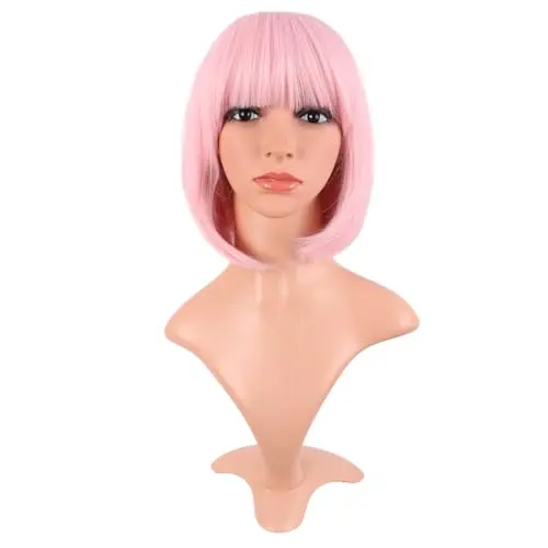 MapofBeauty pale pink straight flat bangs bob wig