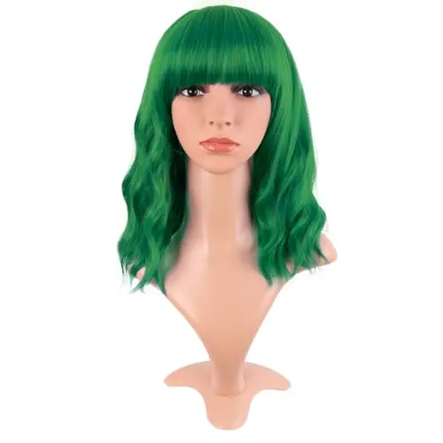 MapofBeauty short wavy curly bright grass green bob wig