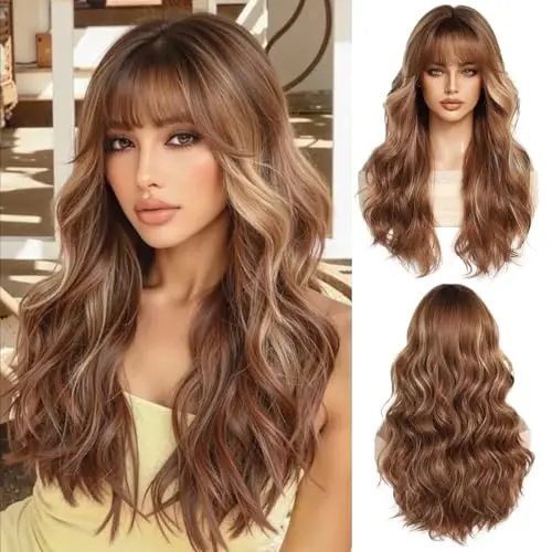 OUFEI Long Wavy Ginger Synthetic Wig with Bangs