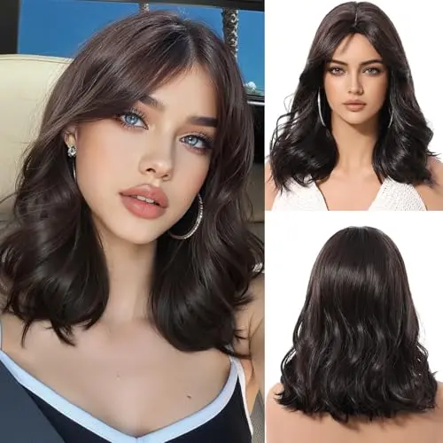 OUFEI dark brown synthetic 14 inch short curly wig with curtain bangs