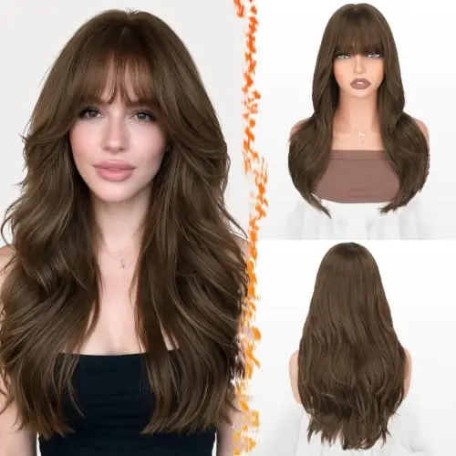 BARSDAR 20 inch soft synthetic loose wavy honey brown layered wig with bangs