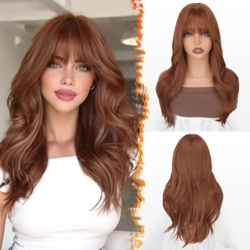 BARSDAR 20 Inch Soft Wavy Layered Auburn Wig with Bangs