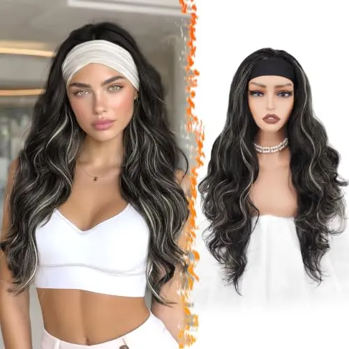 BARSDAR 26 inch body wave headband wig black blonde highlights