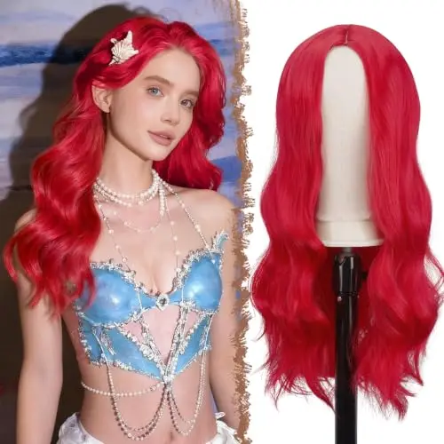 FESHFEN 24-inch wavy red wig with middle part