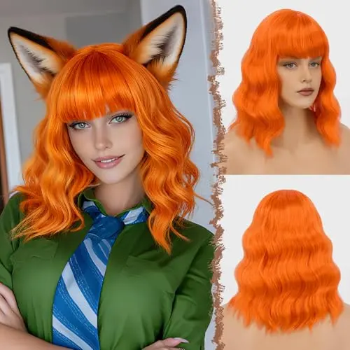 FESHFEN orange wavy bob wig with bangs