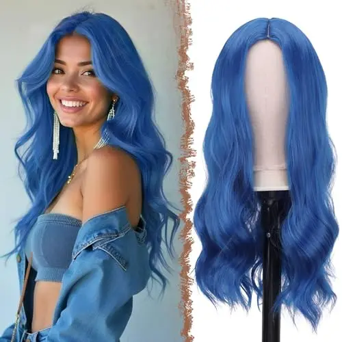FESHFEN dark blue long wavy wig