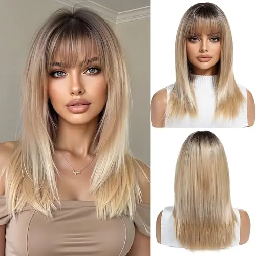 OUFEI 17 inch straight synthetic wig with bangs in ombre blonde