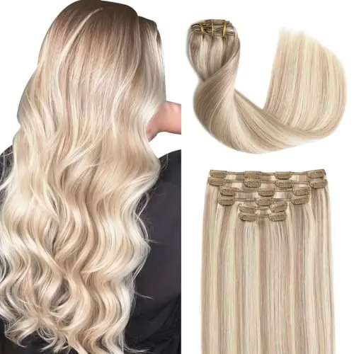 Sindra ash blonde clip-in hair extensions with highlights