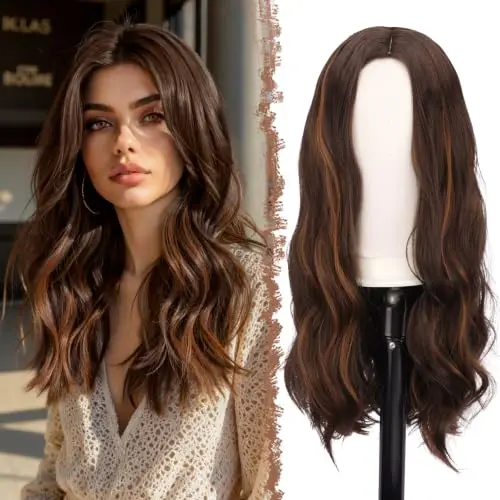 FESHFEN Brown Mixed Auburn Wavy Wig