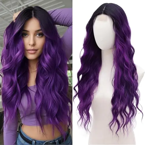 BUPPLER Cosplay Long Black Purple Wig 28 Inch Middle Part Synthetic Wigs for Women