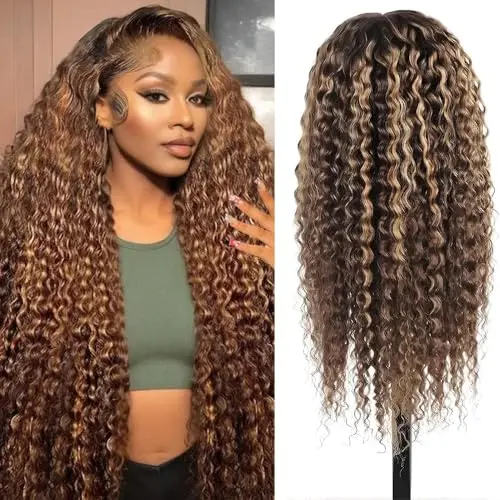 LJZYW 13x4 highlight ombre deep wave lace front wig 30 inch 180 density