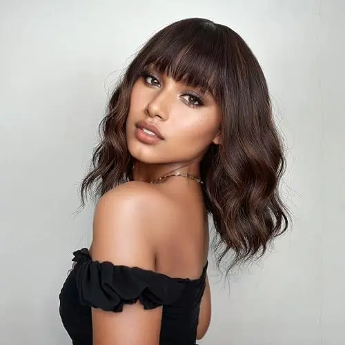 VCKOVCKO short wavy bob wig with air bangs in brown mix burnt orange