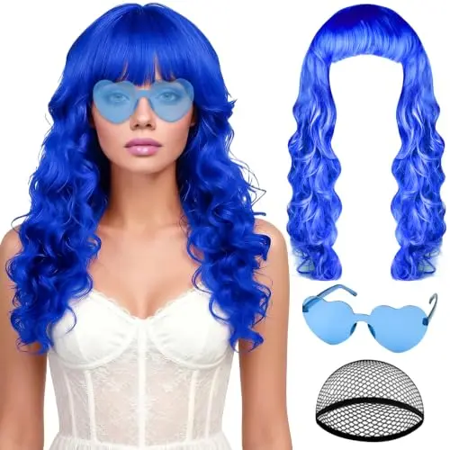 PLULON neon blue long curly wig with heart sunglasses