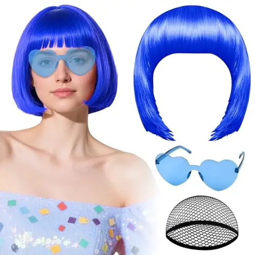 PLULON blue bob wig with heart sunglasses set