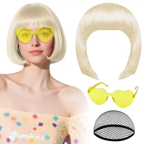 PLULON platinum blonde bob wig with heart-shaped yellow sunglasses