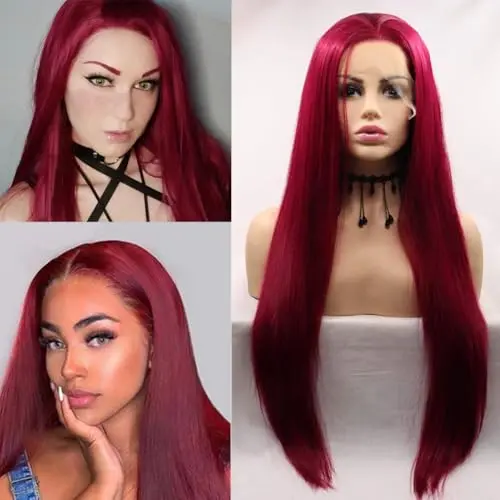 Angle Lucky 24 inch straight burgundy red lace front wig