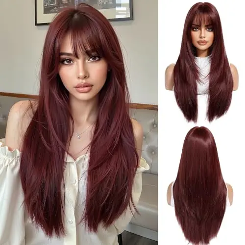 OUFEI 26-inch wine red straight wig with bangs