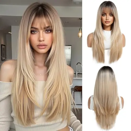 OUFEI long straight layered ombre blonde wig with bangs