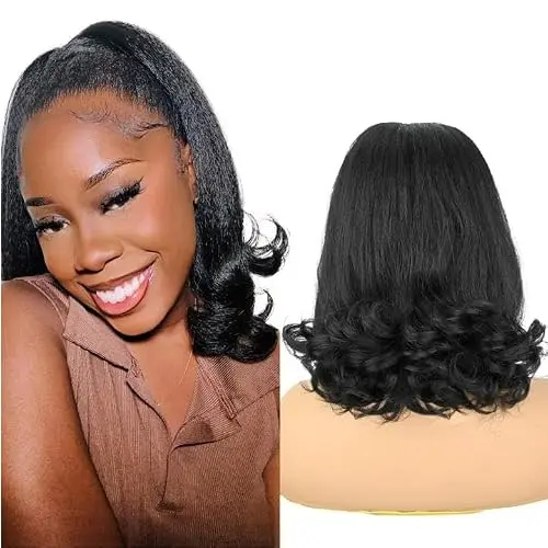 UAmy hair black yaki straight drawstring ponytail with tail-warping design