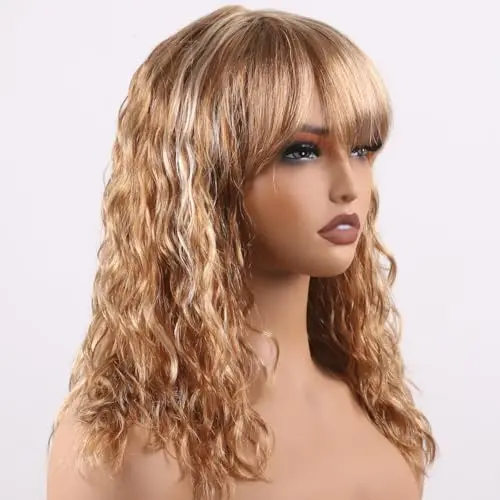ManeMajesty 16 inch body wave blonde human hair wig with bangs