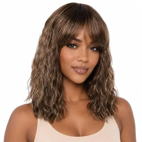 Brown blonde highlighted human hair body wave wig with bangs by ManeMajesty