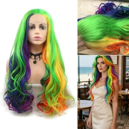 Pastel rainbow multi-colour lace front wig for cosplay