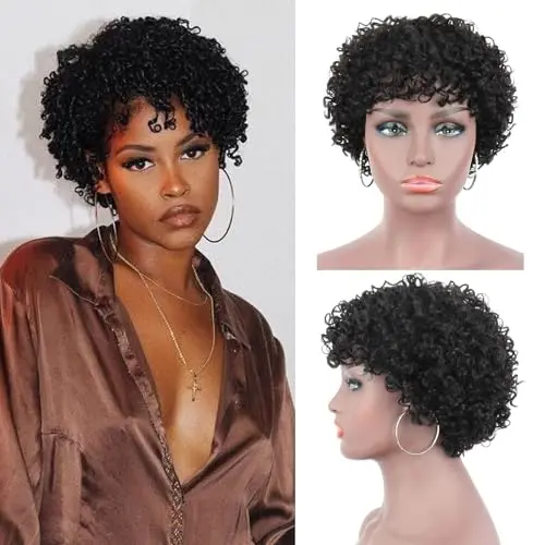 Fereowth Short Curly Pixie with Bangs Brazilian human hair wig