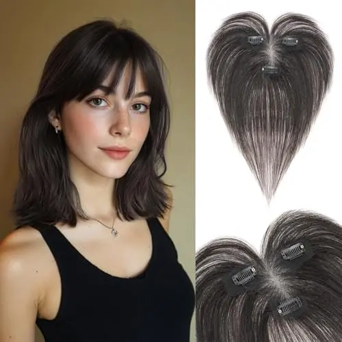 S-noilite T-part lace clip-on human hair topper with air bangs in natural black