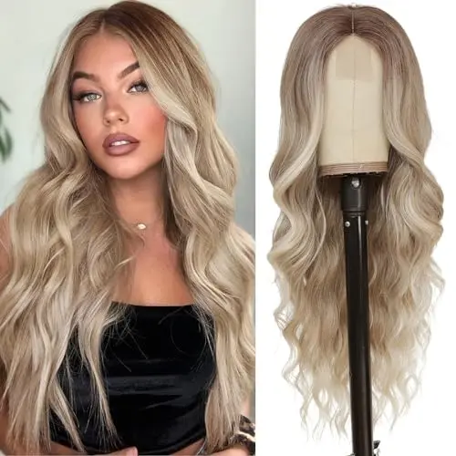 Dirty blonde long wavy wig with bangs middle part