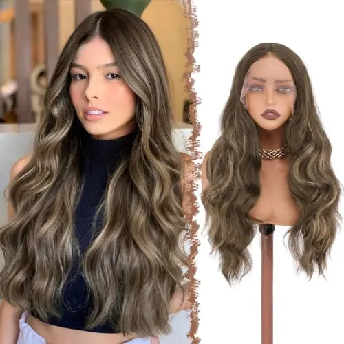 Long Wavy Curly Synthetic Lace Front Wig in Brown Mixed Blonde 28 Inch