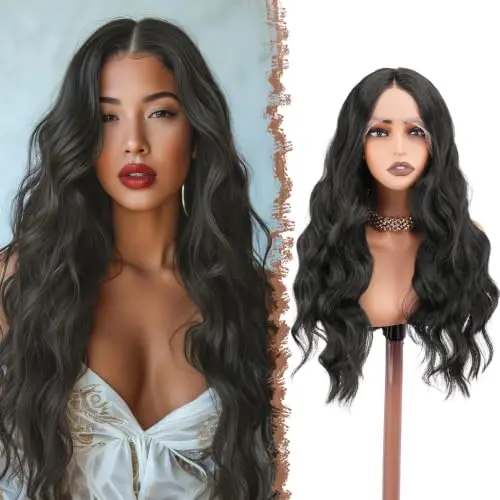 FESHFEN long wavy curly lace front wig in dark brown