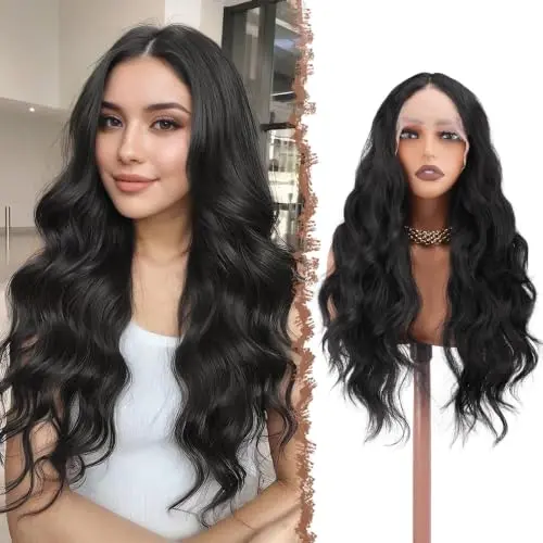 FESHFEN natural black long wavy curly synthetic lace front wig