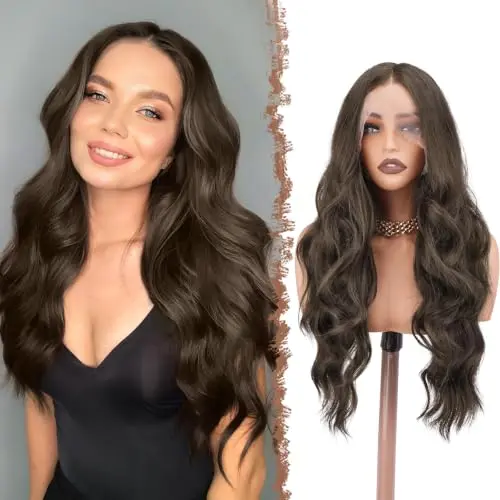 FESHFEN 28 inch medium brown wavy curly HD lace front wig