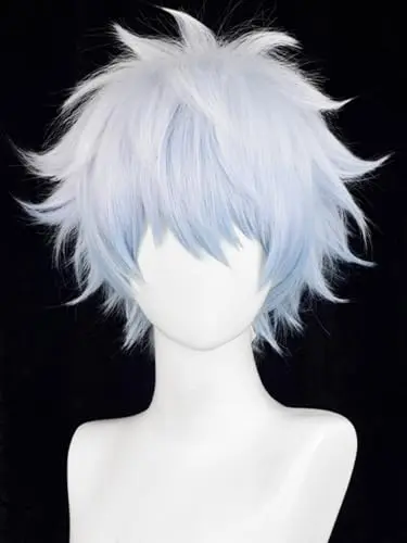 Light blue and white gradient short spiky anime wig