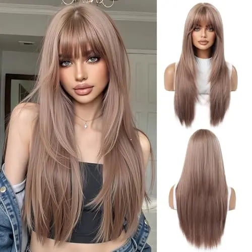 OUFEI strawberry blonde long straight wig with bangs