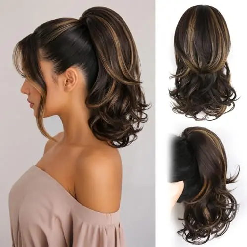 ZQIAN 14-inch curly ponytail extension in dark brown with honey blonde highlights