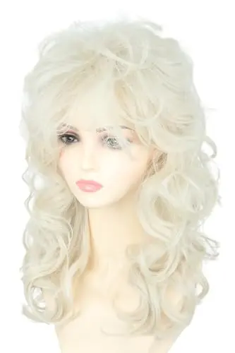 LeMarnia platinum blonde long curly beehive wig with 70s 80s singer styling