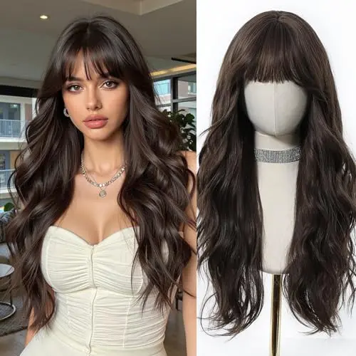 Esmee Long Wavy with Bangs 24 Inch Bohemian Brown wig styled with curtain bangs