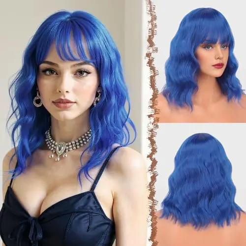 FESHFEN dark blue shoulder length wavy bob wig with bangs
