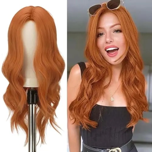 FESHFEN Long Orange Wavy Wig with middle part displayed on a model