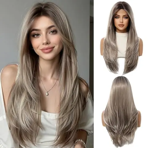 Ash blonde synthetic wig with long straight layers