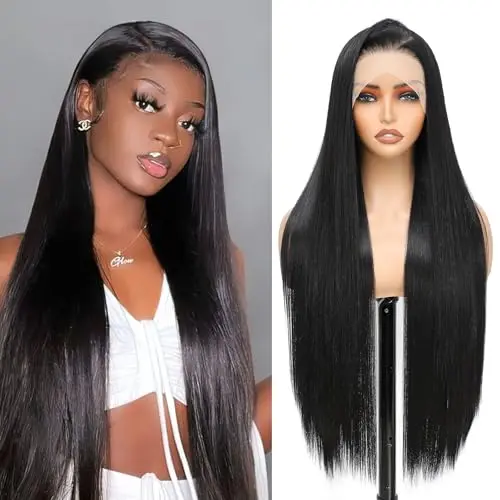Geogroket 30 inch straight black synthetic wig with 13x6 transparent lace front