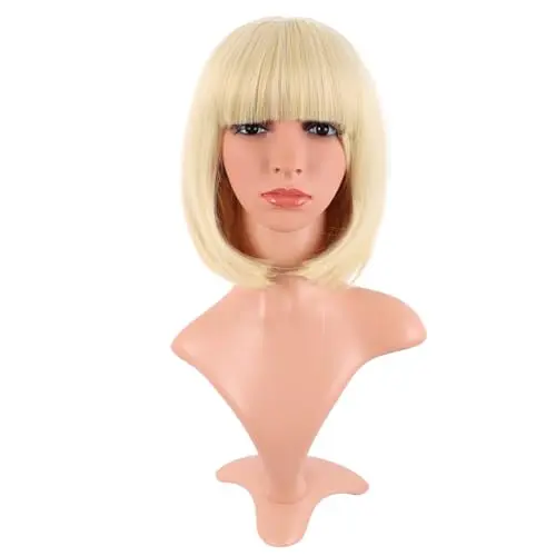 MapofBeauty Mixed Blonde Flat Bangs Wig shown in a straight short style with full fringe