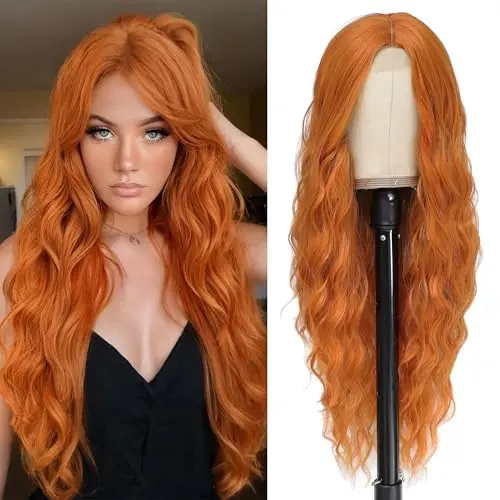 28-inch amber orange wavy synthetic wig with middle part