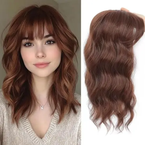 NewSuYuan wispy bangs wavy clip-on hair topper in auburn brown