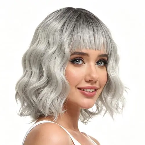Rose bud wavy bob wig with bangs in black to silver colour