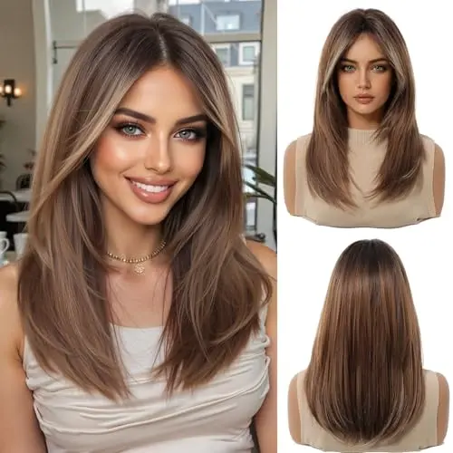 OUFEI 16 inch long straight brown synthetic wig with natural part