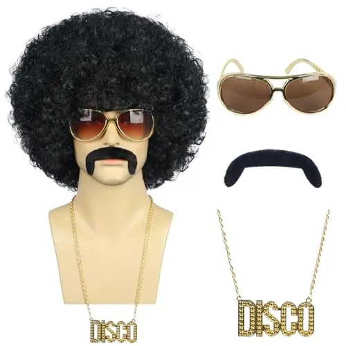 Black curly wig with mustache, glasses, and gold-tone necklace
