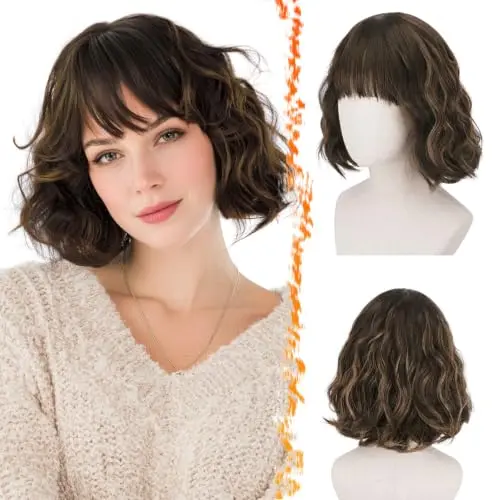 Wavy auburn French bob wig with face-framing bangs and highlights